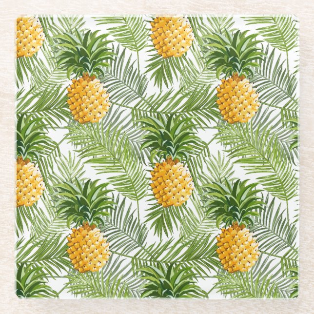 Posavasos De Vidrio Hojas de palma y piñas tropicales (Anverso)