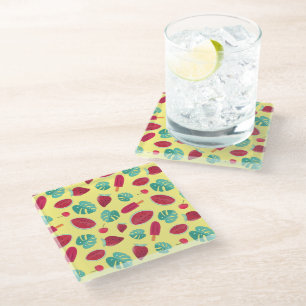 Posavasos De Vidrio Hojas de pavimento, cereza, fresa y sandía