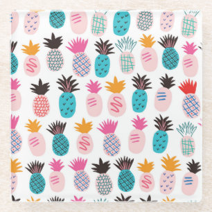 Posavasos De Vidrio Hojas de piña coloridas, doodle tropical.