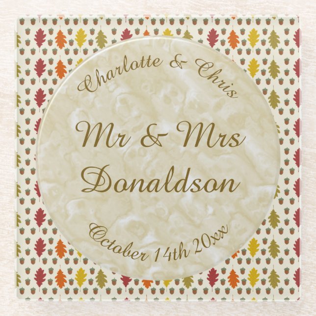 Posavasos De Vidrio Hojas de roble y maíz Personalizado Boda otoño (Anverso)