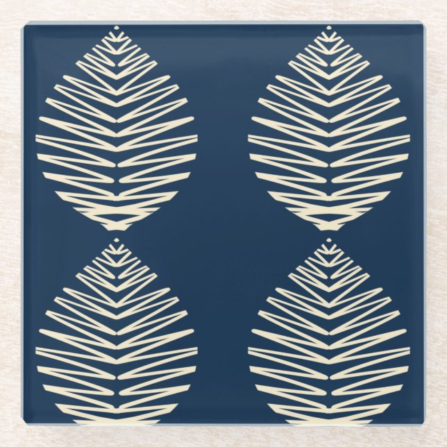 Posavasos De Vidrio Hojas geométricas | Azul marino y beige (Anverso)