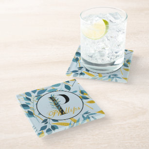 Posavasos De Vidrio Hojas Modernas Monograma Dorado Navy "Letra P"