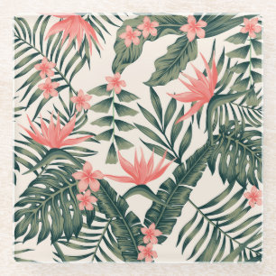 Posavasos De Vidrio Hojas tropicales, alegres tapices de playa.