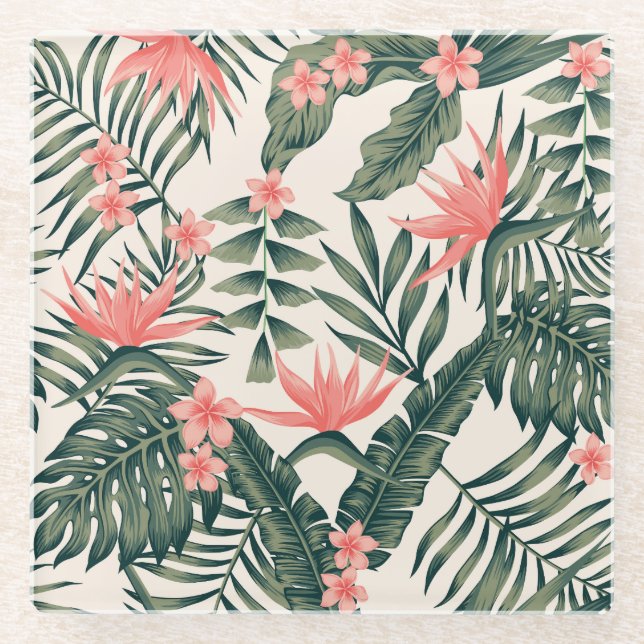 Posavasos De Vidrio Hojas tropicales, alegres tapices de playa. (Anverso)