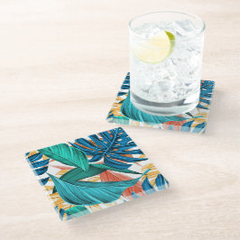 Posavasos De Vidrio Hojas tropicales coloridas, diseño de patrones exó