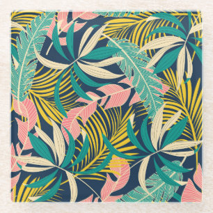 Posavasos De Vidrio Hojas tropicales coloridas: patrón de verano.