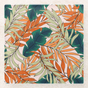 Posavasos De Vidrio Hojas tropicales de color beige verde, patrón sin 