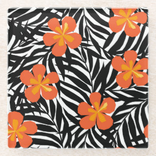 Posavasos De Vidrio Hojas tropicales de palma, estilo vintage de aplic