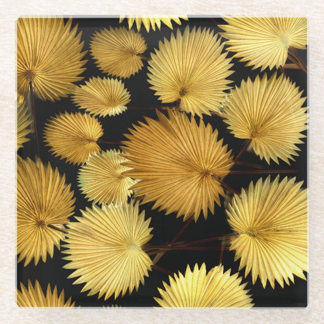 Posavasos De Vidrio Hojas Tropicales Doradas: Elegancia de Licuala (Anverso)