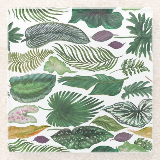 Posavasos De Vidrio Hojas tropicales: fondo transparente de acuarela (Anverso)