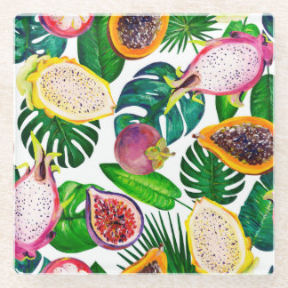 Posavasos De Vidrio Hojas tropicales, frutas, gouache sin costura.