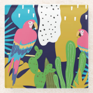 Posavasos De Vidrio Hojas tropicales, loros: fondo de verano.