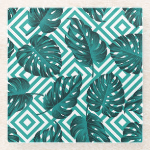 Posavasos De Vidrio Hojas Tropicales: Patrón floral sin soldadura.