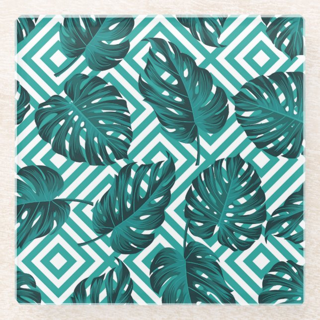 Posavasos De Vidrio Hojas Tropicales: Patrón floral sin soldadura. (Anverso)