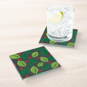 Posavasos De Vidrio Hojas verdes, bayas rojas, patrón de hojas