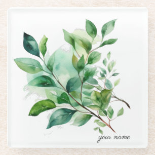 Posavasos De Vidrio Hojas verdes en acuarela, personalizable