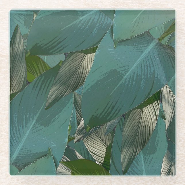 Posavasos De Vidrio Hojas verdes tropicales (Anverso)