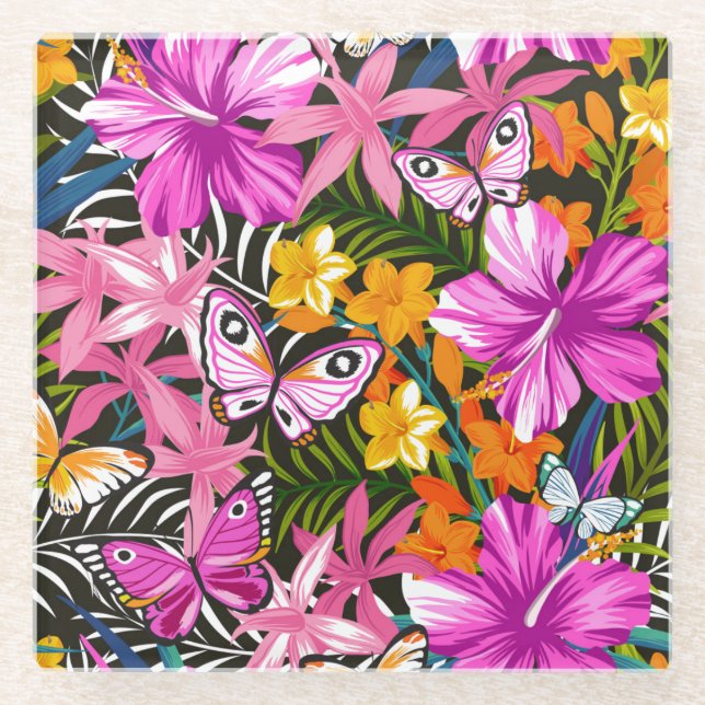 Posavasos De Vidrio Hojas y flores tropicales (Anverso)