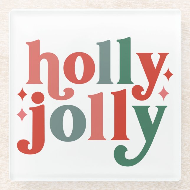 Posavasos De Vidrio Holly Jolly - Tipografía de vacaciones retro (Anverso)