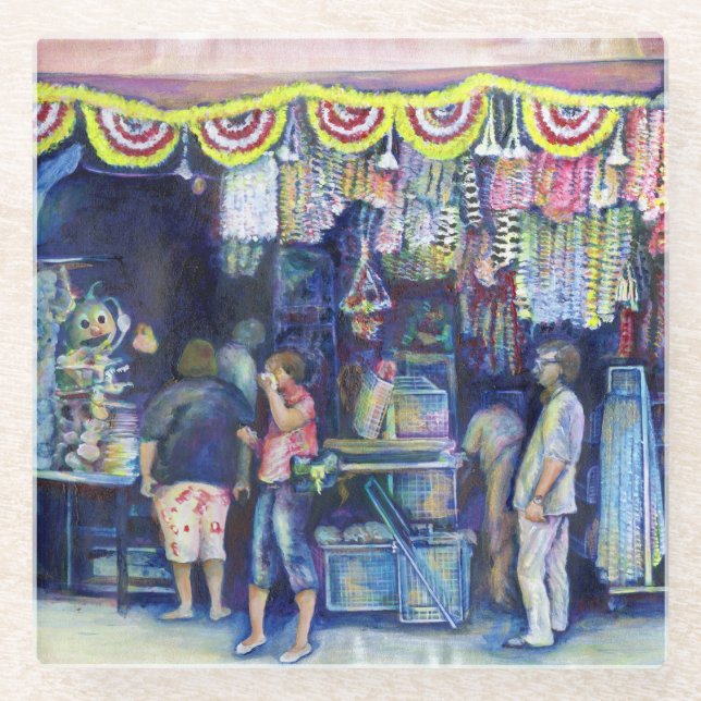 Posavasos De Vidrio Hombre Loco en el mercado y en el centro, Singapur (Anverso)