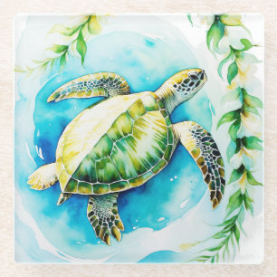 Posavasos De Vidrio Honu hawaiano con Plumeria y acuarela