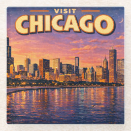 Posavasos De Vidrio horizonte de Chicago y lago Michigan al atardecer