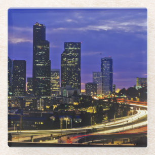 Posavasos De Vidrio horizonte de Seattle, Washington de noche