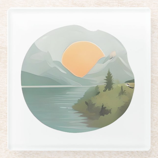 Posavasos De Vidrio Horizonte dorado: La puesta de sol en el lago (Anverso)