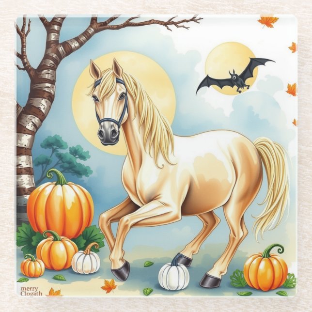 Posavasos De Vidrio Horse Halloween With Pumpkin (Anverso)