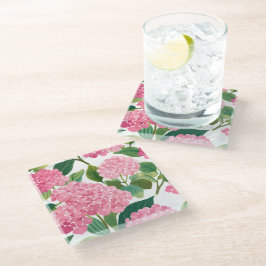 Posavasos De Vidrio Hortensia Rosa Acuarela Floral Costera