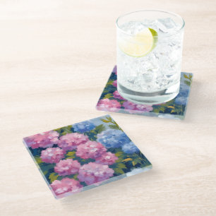 Posavasos De Vidrio Hortensias de Verano Flores Costeras Rosadas y A