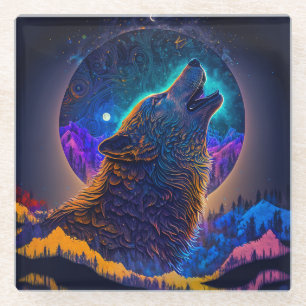 Posavasos De Vidrio Howling Wolf Surreal Fantasy