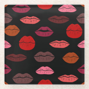 Posavasos De Vidrio Huella de labios, besos rosados rojos.