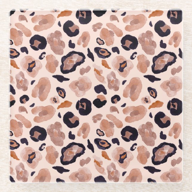 Posavasos De Vidrio Huella de leopardo, sin costuras, de fondo beige. (Anverso)