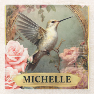 Posavasos De Vidrio Hummingbird de color de agua y rosas rosadas