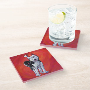 Posavasos De Vidrio Husky en Santa Hat en rojo