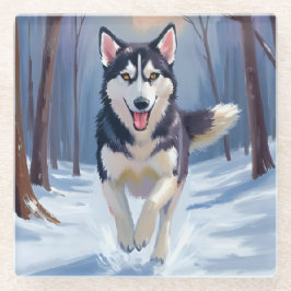 Posavasos De Vidrio Husky Siberiano | Pintura de Perro Invierno