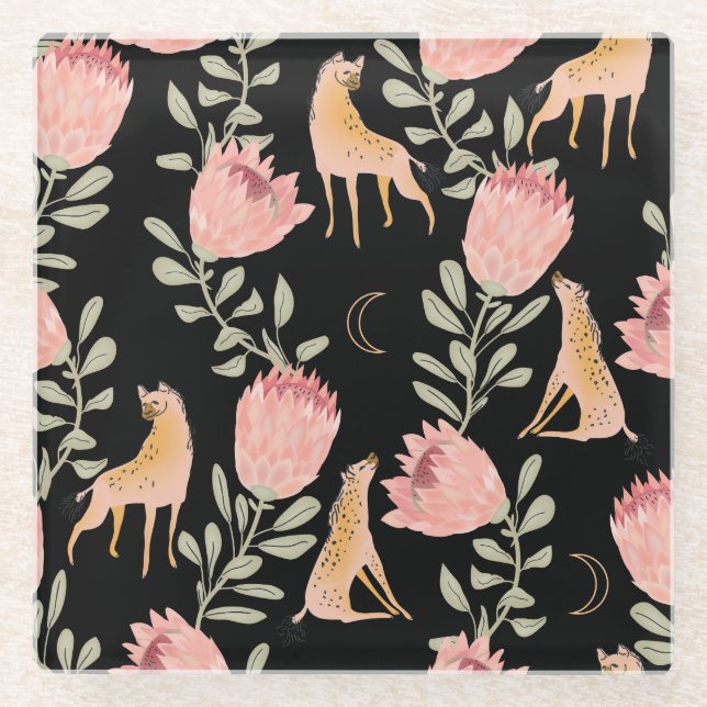 Posavasos De Vidrio Hyena y Protea: Patrón de cosecha oscura (Anverso)