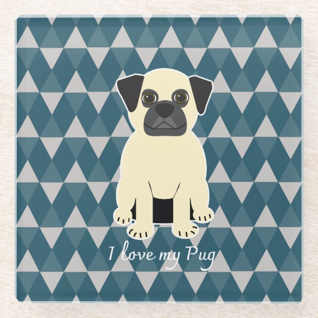 Posavasos De Vidrio I love my Pug, Blue diamonds pattern (Anverso)
