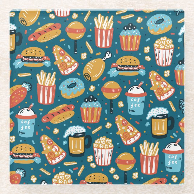 Posavasos De Vidrio Iconos de comida rápida: Doodles antiguos (Anverso)