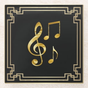 Posavasos De Vidrio Iconos de música, dorado sobre negro