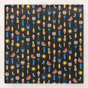 Posavasos De Vidrio Iconos de verano fondo negro sin foco