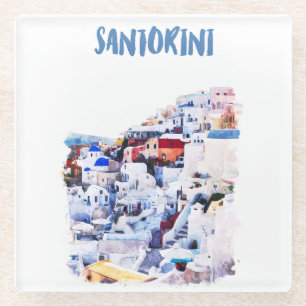 Posavasos De Vidrio Ilustracion acuático de Santorini Grecia