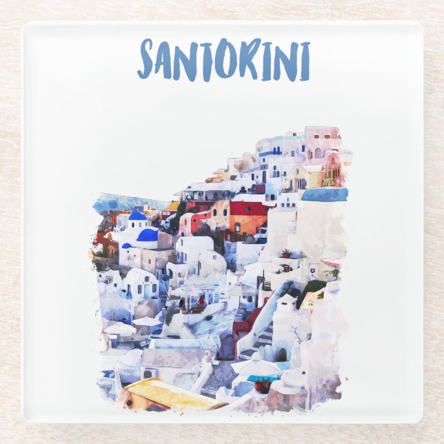 Posavasos De Vidrio Ilustracion acuático de Santorini Grecia (Anverso)