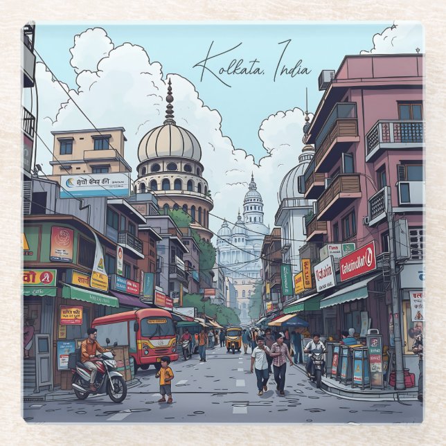 Posavasos De Vidrio Ilustracion Ai de Kolkata, India (Anverso)