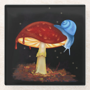 Posavasos De Vidrio Ilustracion Blue Snail Red Mushroom