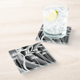 Posavasos De Vidrio Ilustracion botánico blanco y negro curvado hacia