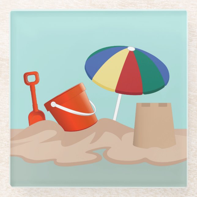 Posavasos De Vidrio Ilustracion Bucket and Spade Beach Scene (Anverso)