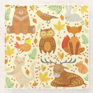 Posavasos De Vidrio Ilustracion de animales forestales ornamentales.