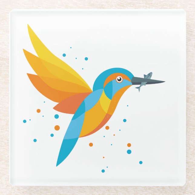 Posavasos De Vidrio Ilustracion de aves - Kingfisher (Anverso)